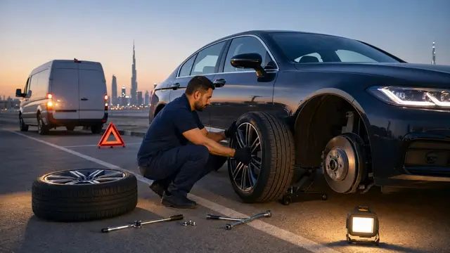 Mobile tyre replacement service at a Dubai roadside location